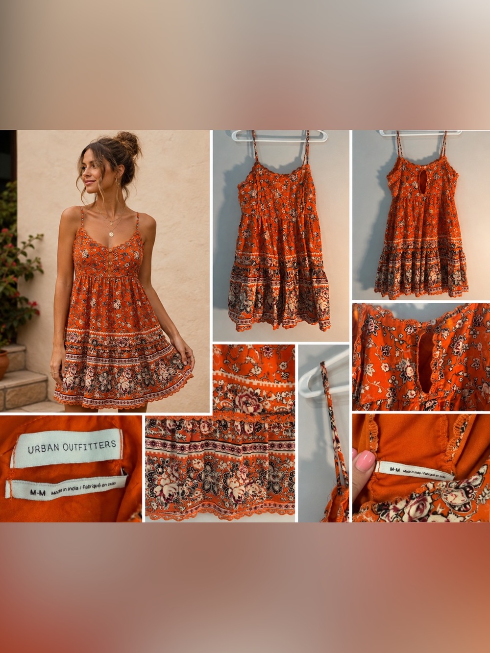 Urban Outfitters Orange Floral Paisley Tiered Boho Mini Dress M Festival
